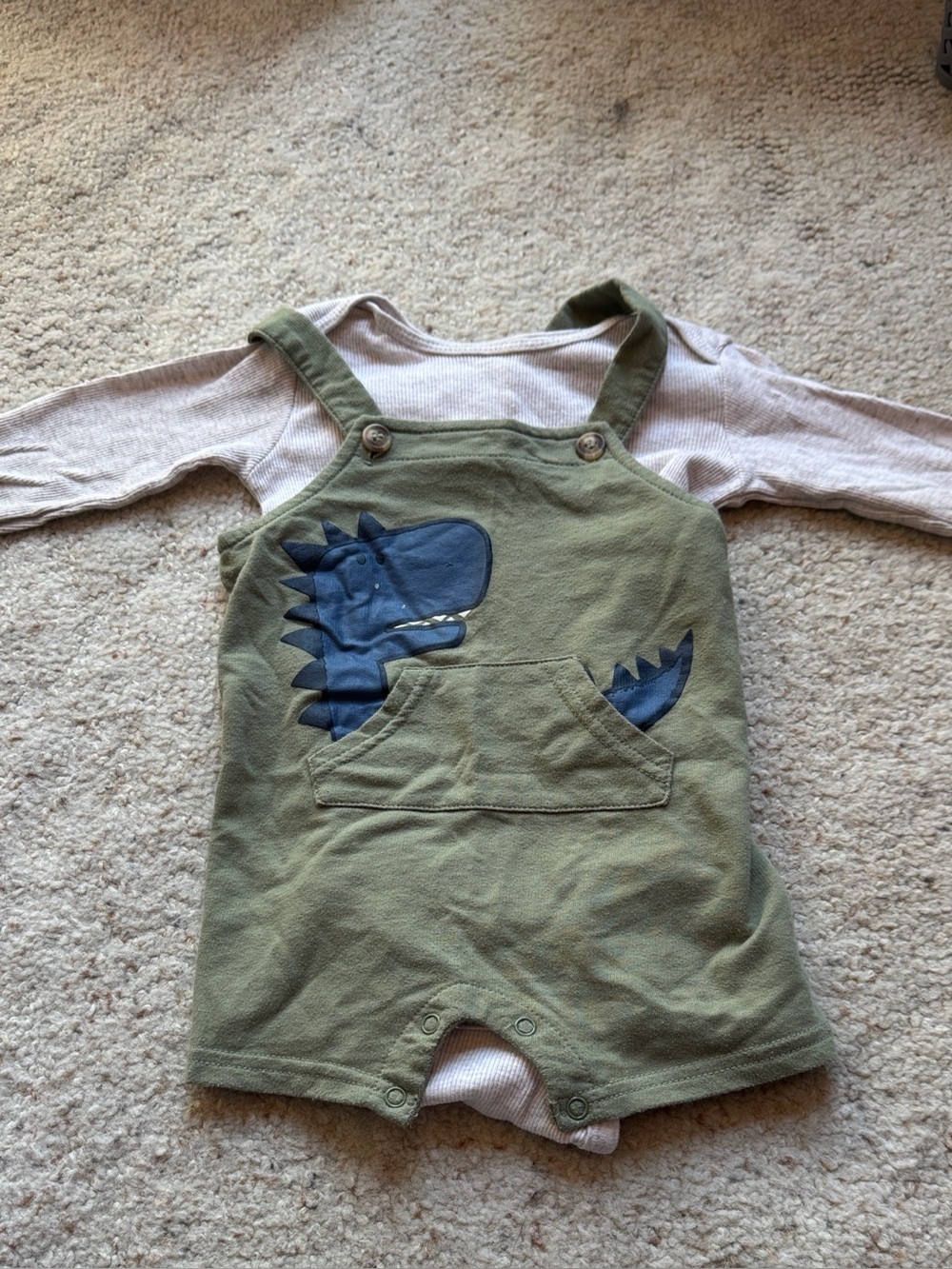 Green Baby Dino Overalls and Carters Gray One Piece